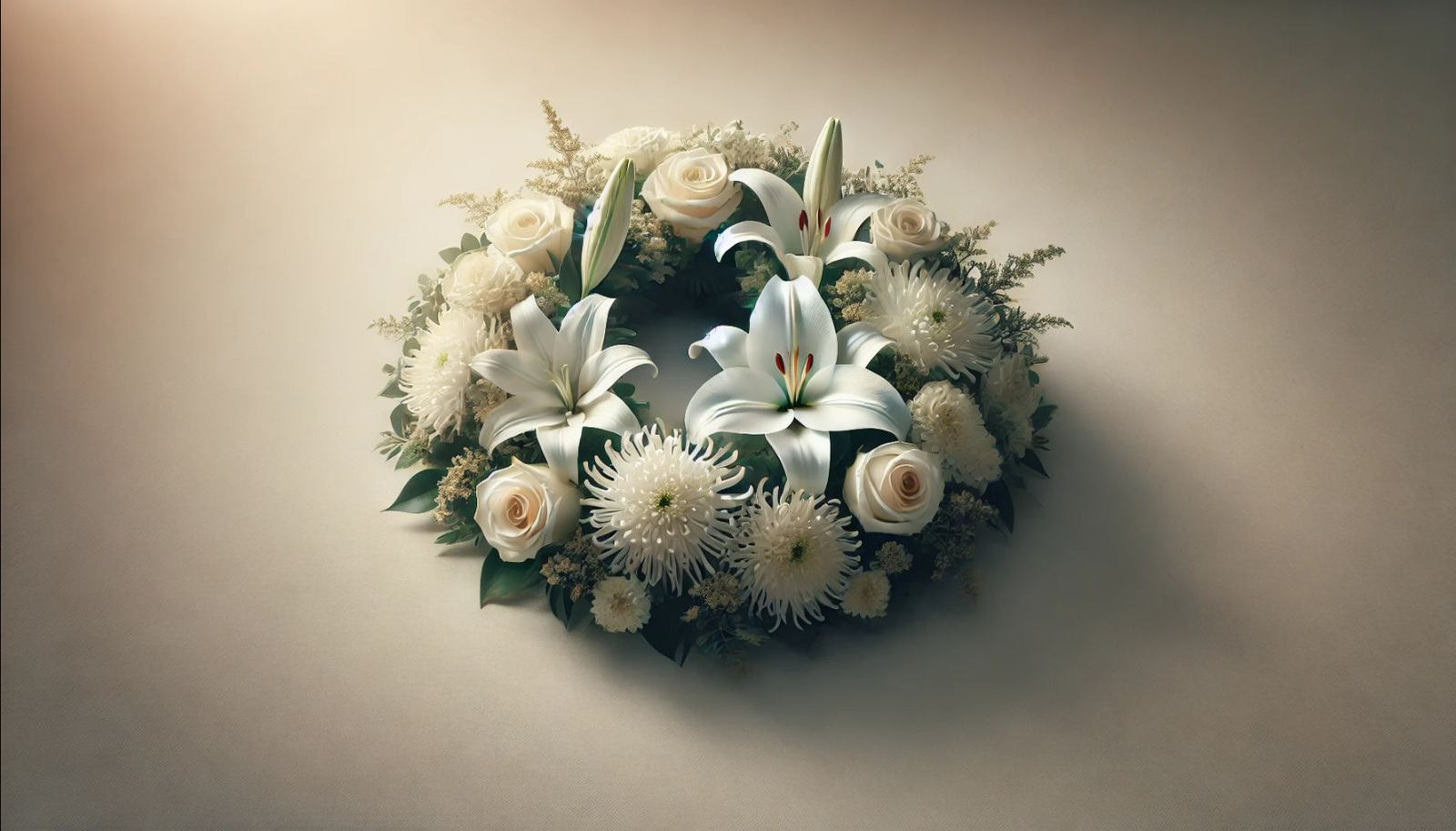 Arrangement floral funéraire élégant avec des lys blancs, des roses, et des chrysanthèmes disposés en cercle sur un fond clair, symbolisant l'éternité et la sérénité.