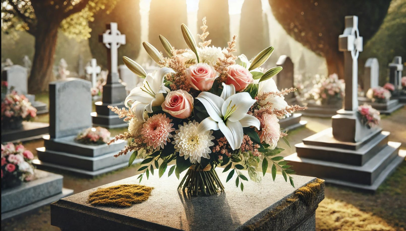 Bouquet de fleurs blanches et roses sur une tombe, symbolisant la pureté et l'amour éternel."