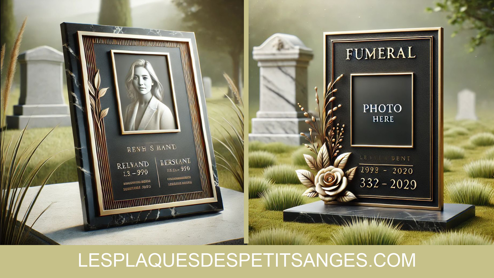 Image d'une plaque funéraire moderne et élégante, noire avec du texte doré et un médaillon photo, posée sur un fond naturel avec de l'herbe verte et une pierre tombale en arrière-plan.