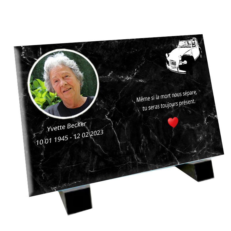 Plaque Funéraire avec Médaillon Photo et Citroën 2CV