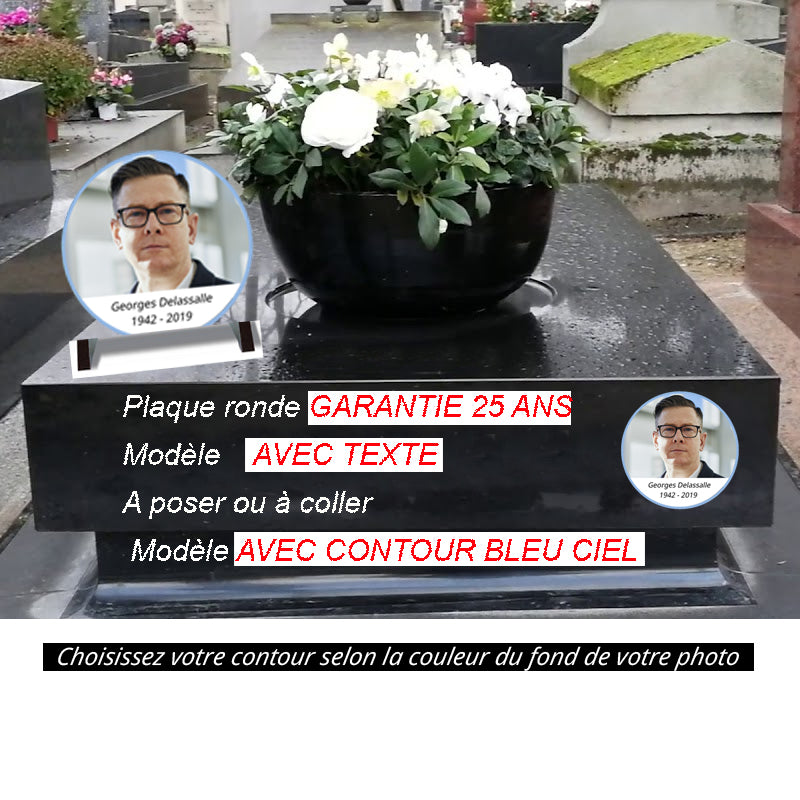 Médaillon photo funéraire avec contour bleu | lesplaquesdespetitsanges.com